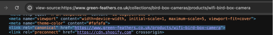 Example of HTML canonical tag on a Shopify store