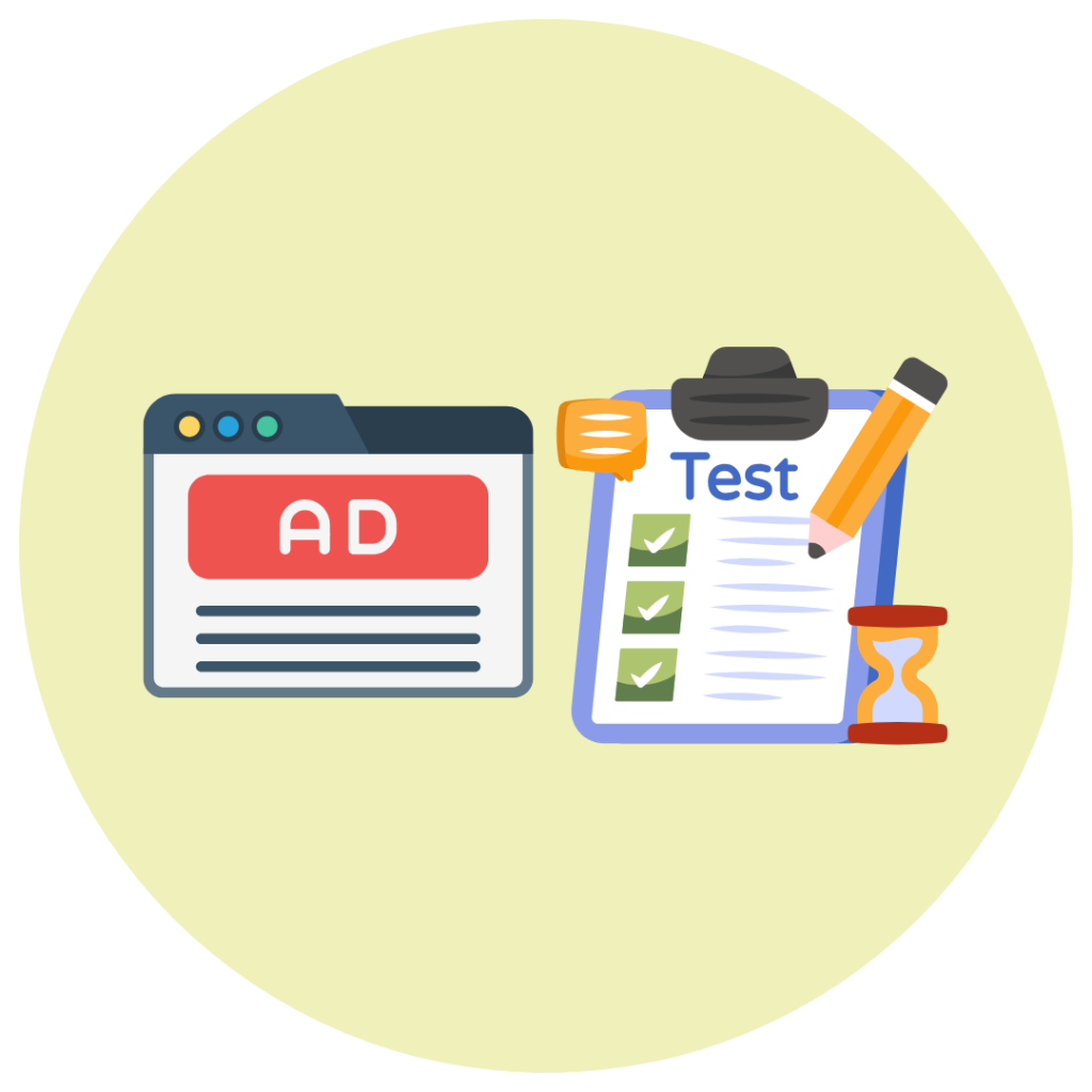 Image of illustrated ad and a test checklist.